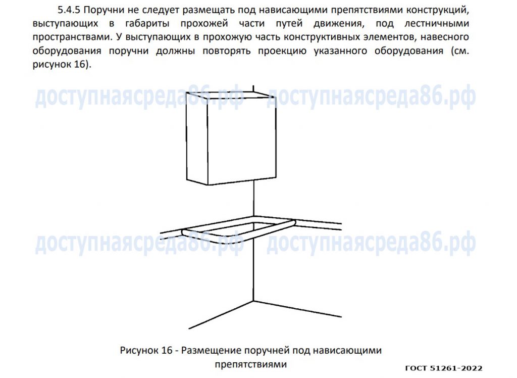 Размещение поручней под нависающими препятствиями