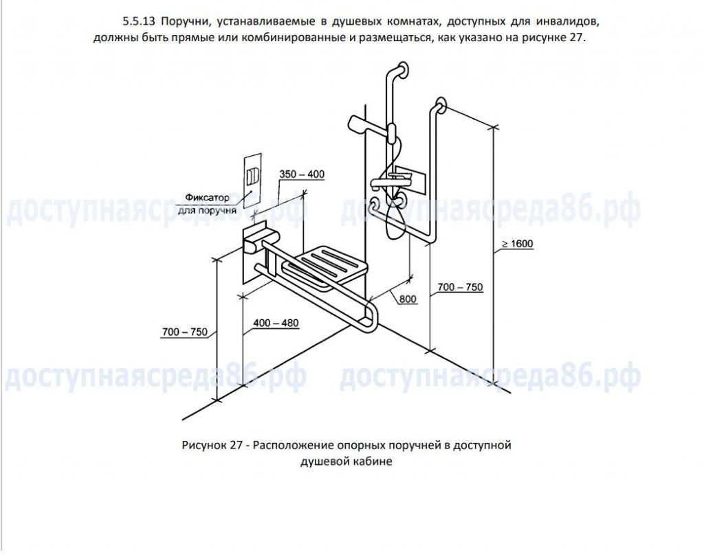 Расположение поручней в душевой кабине для инвалидов и МГН по ГОСТу